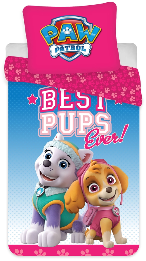 Pink Bedding 140x200 cm - Paw Patrol bedding set with Everest and Skye - Reversible design - 100% cotton