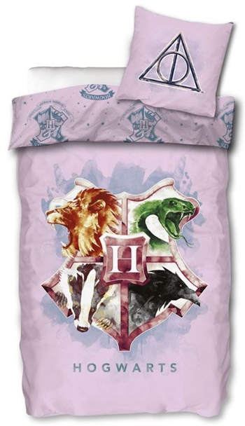 Harry Potter bedding - 140x200 cm - Bright pink with Hogwarts shield - Duvet cover with 2-in-1 design - 100% cotton