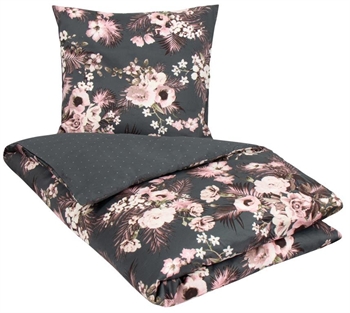 Bedding set 150x210 cm - Reversible design in 100% cotton satin - Flowers & Dots grey-green - From By Night