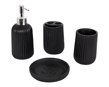 Bathroom set - 4 pieces - Black with grooved pattern - Bathroom accessories