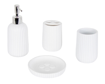 Bathroom set - 4 pieces - White with grooved pattern - Bathroom accessories