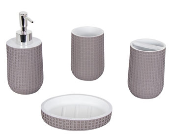 Bathroom set - 4 pieces - Grey and white with embossed pattern - Bathroom accessories