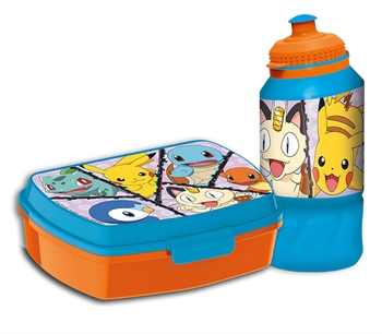 Pokémon lunch box and water bottle - a 2-piece lunch box set for children featuring Pikachu, Bulbasaur, Charmander, Piplup, Squirtle, and Meowth