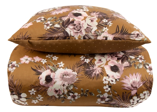 King size bedding - 240x220 cm - Reversible design in 100% cotton satin - Flowers & Dots curry - Bedding set from By Night