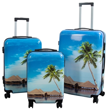 Luggage set - 3 pcs. - Suitcase with motif - Beach and palm trees - Hard-shell lightweight suitcase with 4 wheels