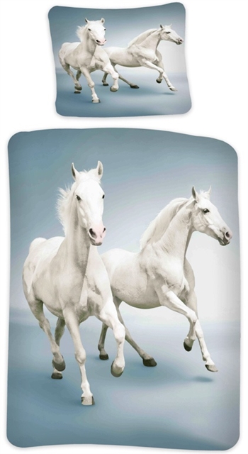 Horse bedding - 140x200 cm - White galloping horses - 2-in-1 design - Bed set in 100% cotton