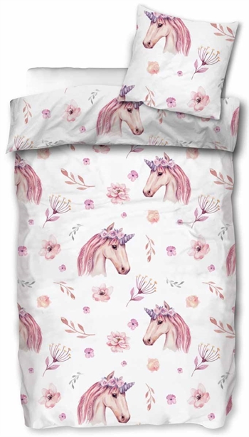 Junior bedding 100x140 cm - Unicorn with flowers - 2-in-1 design - 100% cotton children\'s bedding