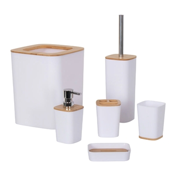 Bathroom set - 6 pieces - White - Strong plastic and bamboo