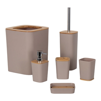 Bathroom accessories - 6 pieces - Sand-coloured - durable plastic and bamboo - Bathroom set