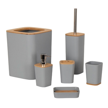 Bathroom set - 6 pieces - Grey - Strong plastic and bamboo