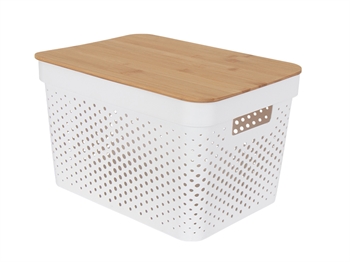 Storage basket - White plastic basket with bamboo lid - 35x26x22 cm - Attractive storage basket